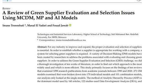 بررسی مسائل مربوط به ارزیابی و انتخاب تأمین کننده سبز با استفاده از مدل‌های MCDM، MP و AI