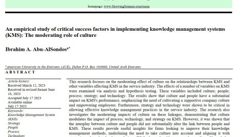 مطالعه تجربی عوامل حیاتی موفقیت در پیاده سازی سیستم‌های مدیریت دانش (KMS): نقش تعدیل کننده فرهنگ