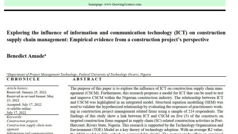 بررسی تأثیر فناوری اطلاعات و ارتباطات (ICT) بر مدیریت زنجیره تأمین ساخت و ساز: شواهد تجربی از دیدگاه یک پروژه ساخت و ساز
