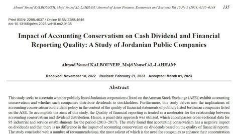 تأثیر محافظه کاری حسابداری بر سود نقدی سهام و کیفیت گزارشگری مالی: مطالعه شرکت‌های دولتی اردن