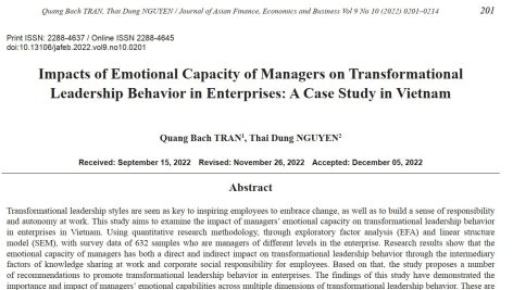 تأثیر ظرفیت عاطفی (هیجانی) مدیران بر رفتار رهبری تحول آفرین در شرکت‌ها: مطالعه موردی در ویتنام