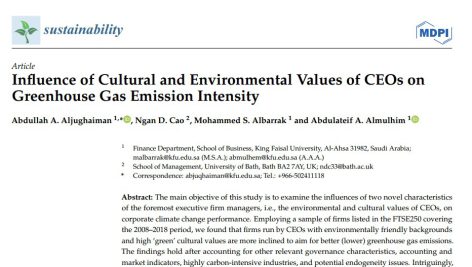تأثیر ارزش‌های فرهنگی و زیست محیطی مدیران عامل بر شدت انتشار گازهای گلخانه‌ای