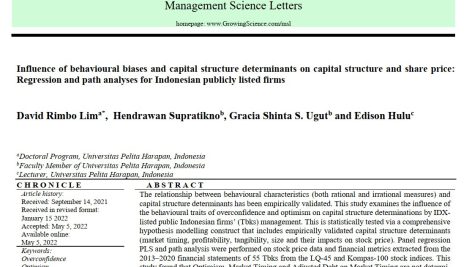 تأثیر سوگیری‌های رفتاری و عوامل تعیین کننده ساختار سرمایه بر ساختار سرمایه و قیمت سهام: تحلیل رگرسیون و مسیر برای شرکت‌های اندونزیایی پذیرفته شده در بورس دولتی