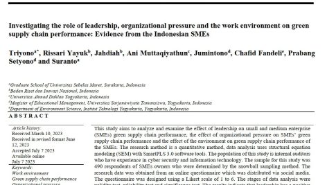 بررسی نقش رهبری، فشار سازمانی و محیط کار بر عملکرد زنجیره تأمین سبز: شواهدی از شرکت‌های کوچک و متوسط اندونزی