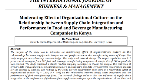 اثر تعدیل کننده فرهنگ سازمانی بر رابطه بین یکپارچه سازی زنجیره تأمین و عملکرد در شرکت‌های تولید کننده مواد غذایی و نوشیدنی در کنیا