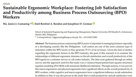 محل کار (محیط کار) ارگونومیک پایدار: تقویت رضایت شغلی و بهره وری در بین کارگران برون سپاری فرآیند کسب و کار (BPO)