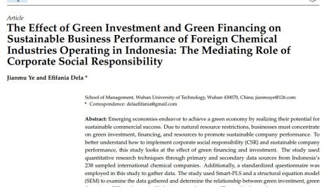 تأثیر سرمایه گذاری سبز و تأمین مالی سبز بر عملکرد تجاری پایدار صنایع شیمیایی خارجی فعال در اندونزی: نقش میانجی مسئولیت اجتماعی شرکت