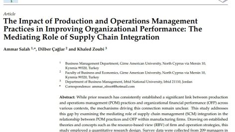 تأثیر شیوه‌های مدیریت تولید و عملیات در بهبود عملکرد سازمانی: نقش میانجی یکپارچه سازی زنجیره تأمین