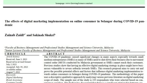 اثرات اجرای بازاریابی دیجیتال بر مصرف کننده آنلاین در سلانگور در طول همه گیری کووید-۱۹