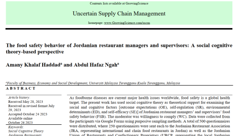 رفتار ایمنی غذایی مدیران و سرپرستان رستوران اردنی: دیدگاه مبتنی بر نظریه شناختی اجتماعی